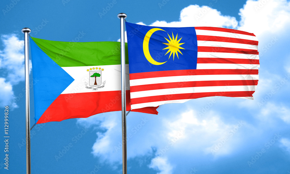 Equatorial guinea flag with Malaysia flag, 3D rendering Equatorial guinea flag with Malaysia flag, 3D rendering