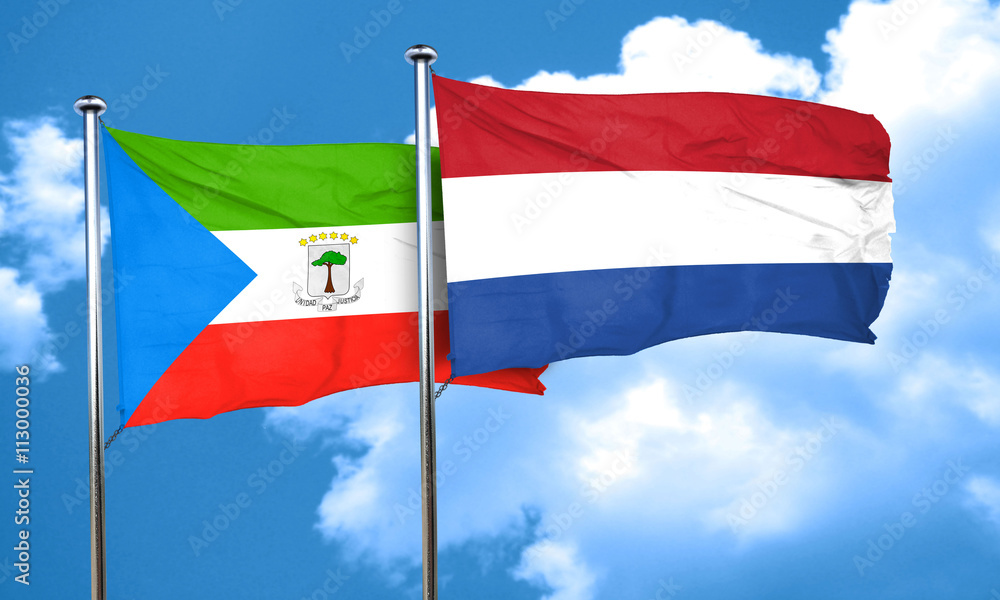 Equatorial guinea flag with Netherlands flag, 3D rendering Equatorial guinea flag with Netherlands flag, 3D rendering