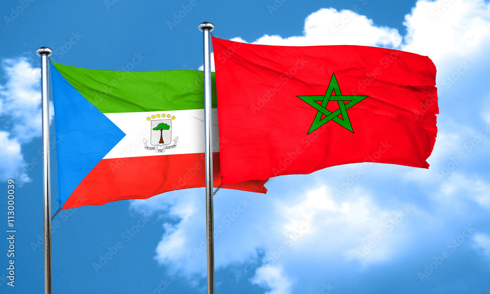 Equatorial guinea flag with Morocco flag, 3D rendering Equatorial guinea flag with Morocco flag, 3D rendering