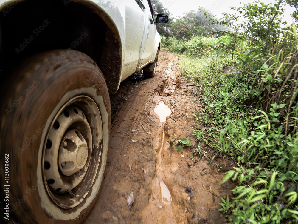The car's wheels on the dirt road.