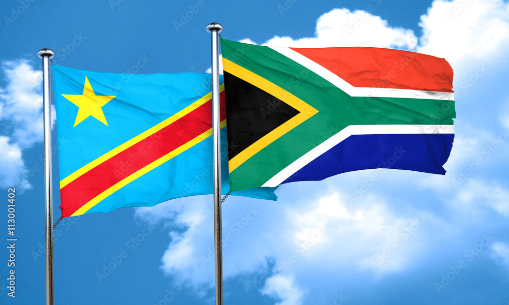 Democratic republic of the congo flag with South Africa flag, 3D Democratic republic of the congo flag with South Africa flag, 3D