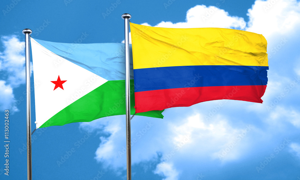 Djibouti flag with Colombia flag, 3D rendering Djibouti flag with Colombia flag, 3D rendering