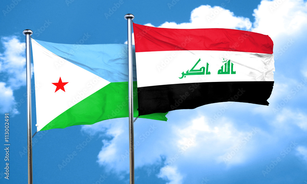 Djibouti flag with Iraq flag, 3D rendering Djibouti flag with Iraq flag, 3D rendering