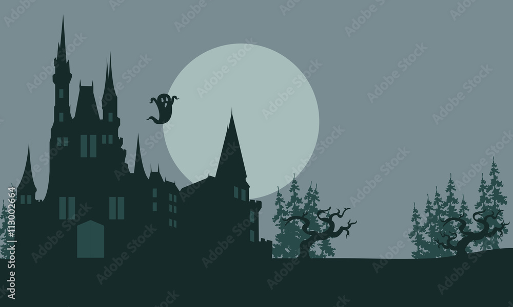 Halloween castle and ghost scary