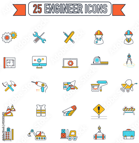 Flat line civil engineering and construction site icon. And tool or equipment sign and symbol icon collection set. Create by vector to suit flat line icon design for creative usage.