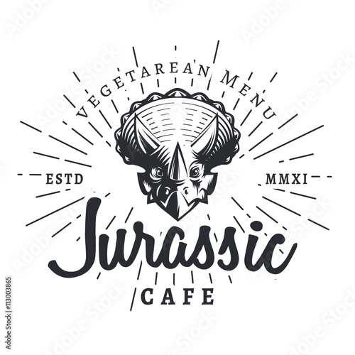 Jurassic cafe logo template. Dinosaur vegetarean menu logotype. Dino tattoo studio mascot design. Vector sunburst label. Cretaceous period park retro illustration. Fury Dino insignia concept. Ancient