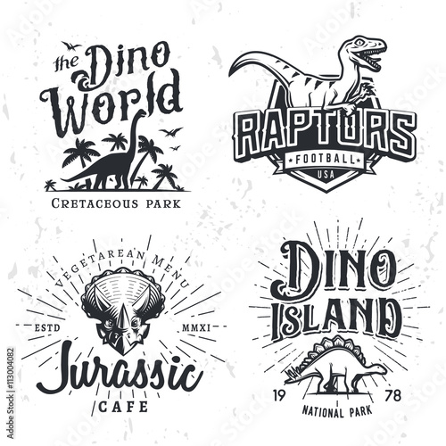 Dinosaur Vector Logo Set. Triceratops t-shirt illustration concept. Raptors college sport team insignia design template. Vintage Jurassic Period labels. Theme park badges collection