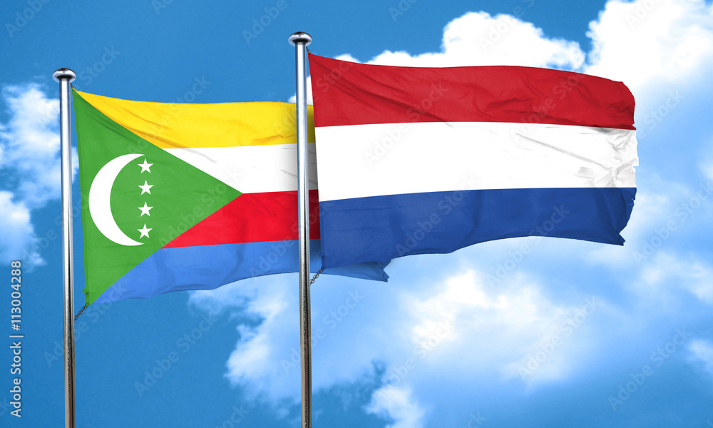Comoros flag with Netherlands flag, 3D rendering Comoros flag with Netherlands flag, 3D rendering
