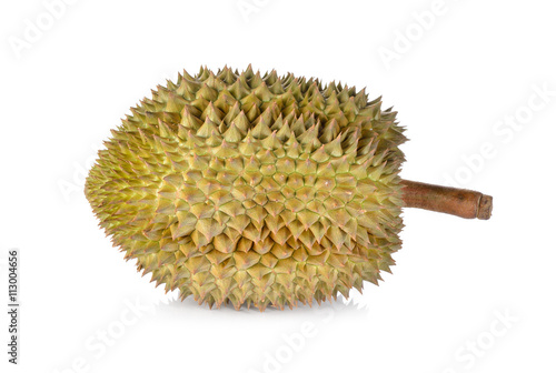 whole ripe Durian with stem on white background