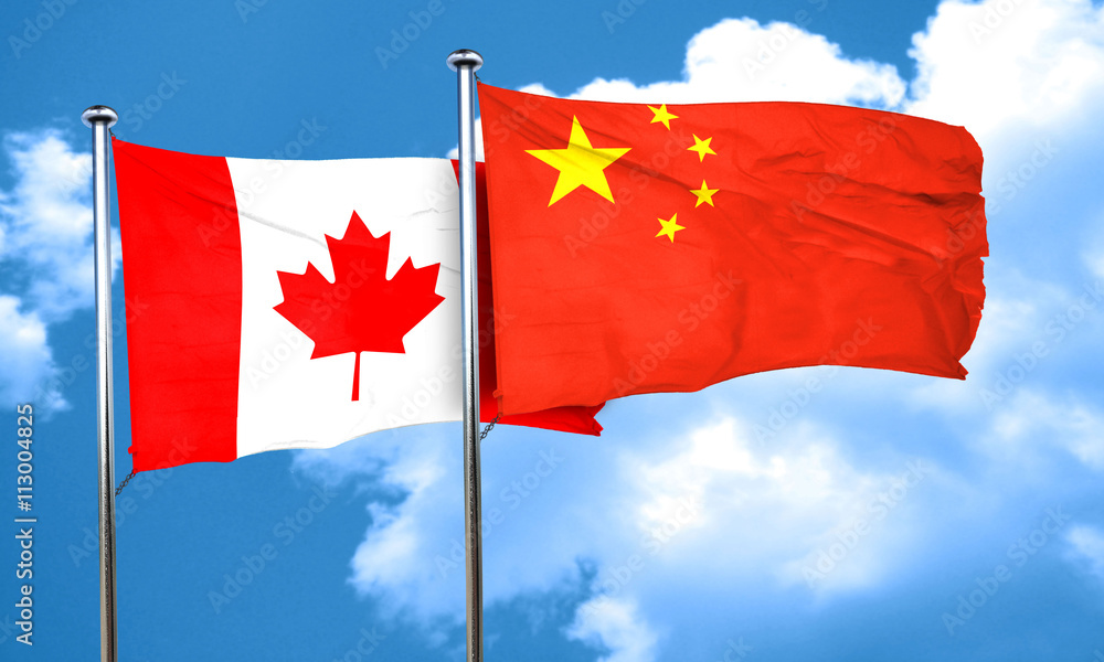 Canada flag with China flag, 3D rendering Canada flag with China flag, 3D rendering