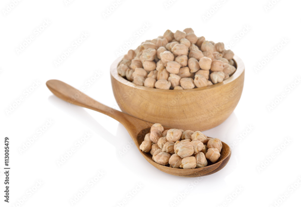 garbanzo beans in wooden bowl and spoon on white background garbanzo beans in wooden bowl and spoon on white background