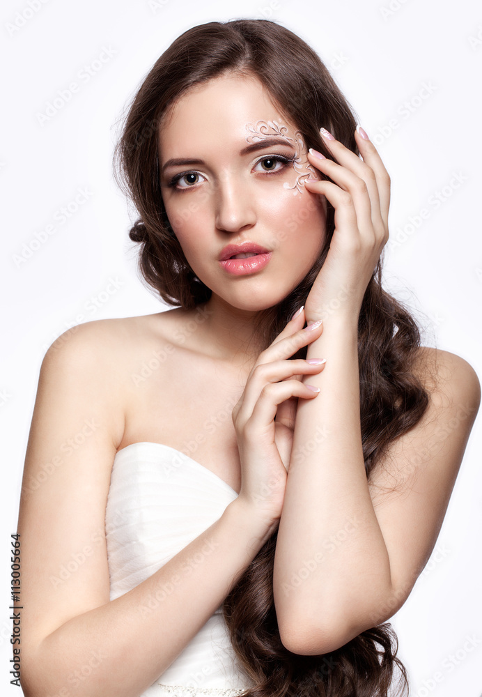 Portrait of beautiful young brunette woman bride in white Weddi Portrait of beautiful young brunette woman bride in white Weddi