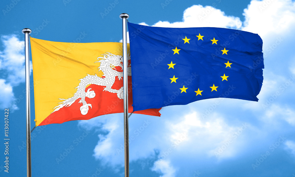 Bhutan flag with european union flag, 3D rendering