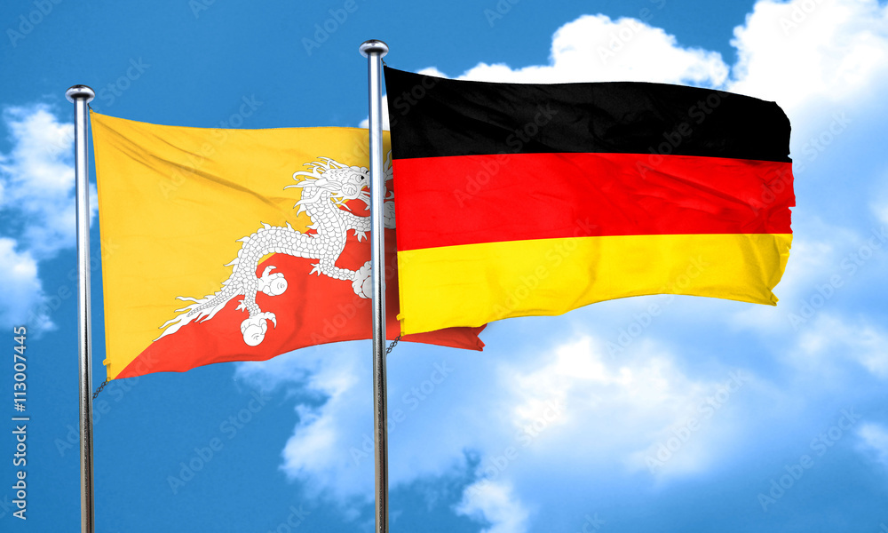 Bhutan flag with Germany flag, 3D rendering Bhutan flag with Germany flag, 3D rendering