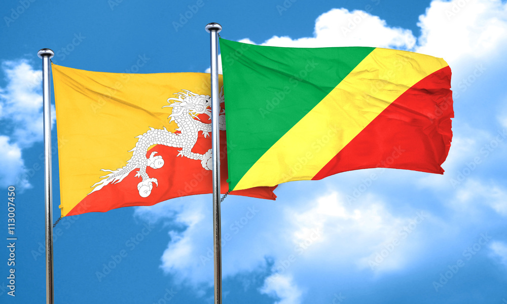 Bhutan flag with congo flag, 3D rendering Bhutan flag with congo flag, 3D rendering