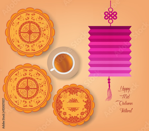 Chinese mid autumn festival background with lantern, tea and cake