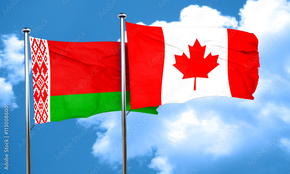 Belarus flag with Canada flag, 3D rendering Belarus flag with Canada flag, 3D rendering