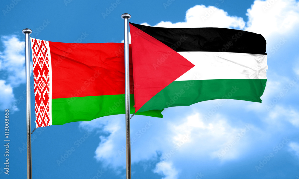 Belarus flag with Palestine flag, 3D rendering Belarus flag with Palestine flag, 3D rendering