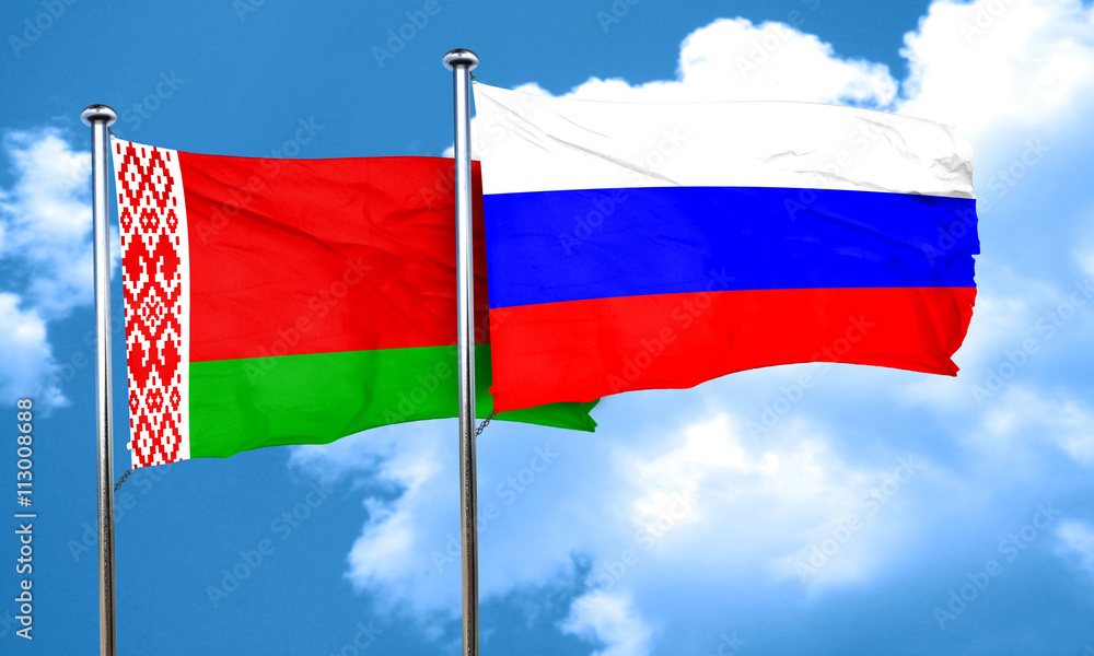 Belarus flag with Russia flag, 3D rendering Belarus flag with Russia flag, 3D rendering
