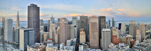 San Francisco Downtown Panoramic View at Sunset. Aerial view of San Francisco Financial District.