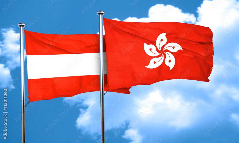Austria flag with Hong Kong flag, 3D rendering Austria flag with Hong Kong flag, 3D rendering