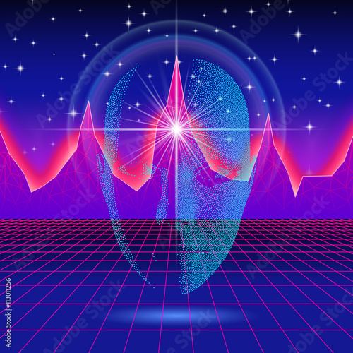 Retro wave shiny head silhouette over neon landscape