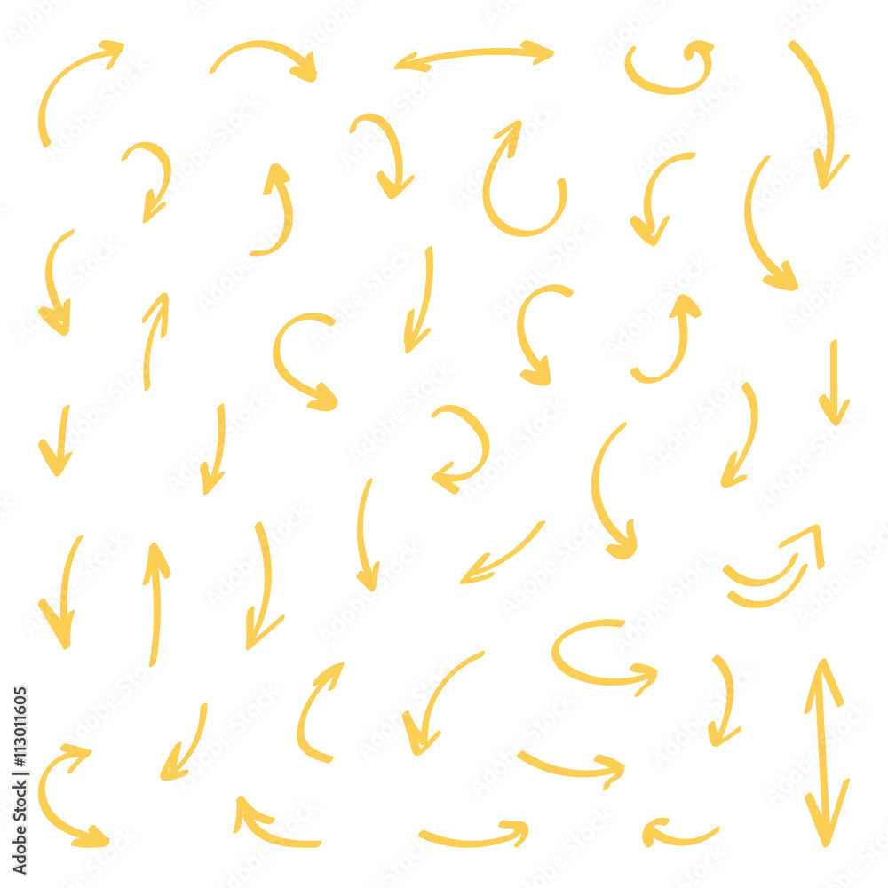 Set of yellow hand-drawn arrows isolated on white background.