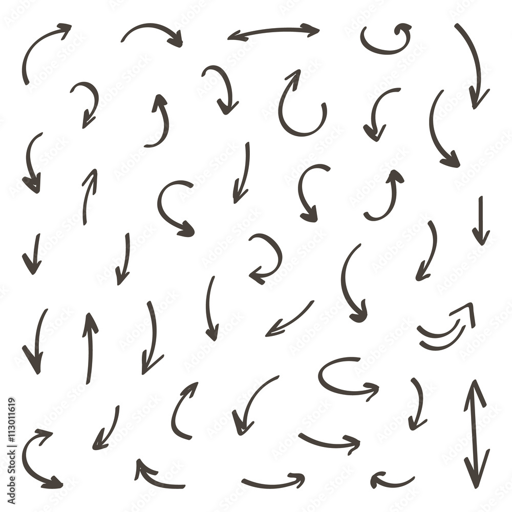 Set of monochrome hand-drawn arrows isolated on white background. Set of monochrome hand-drawn arrows isolated on white background.