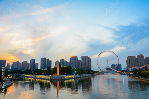 Cityscape of Tianjin ferris wheel,Tianjin eyes in twilight time