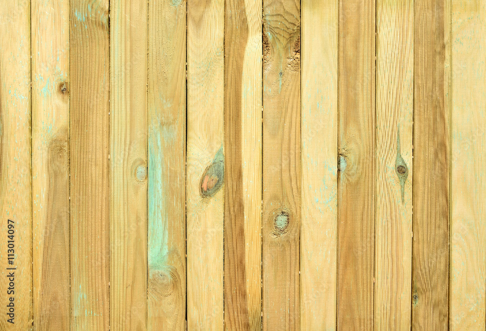 Fototapeta premium Top view of wooden table. Grooved pine boards with knots