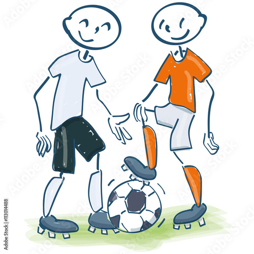 Strichmännchen als Fußballspieler in weiß und orange