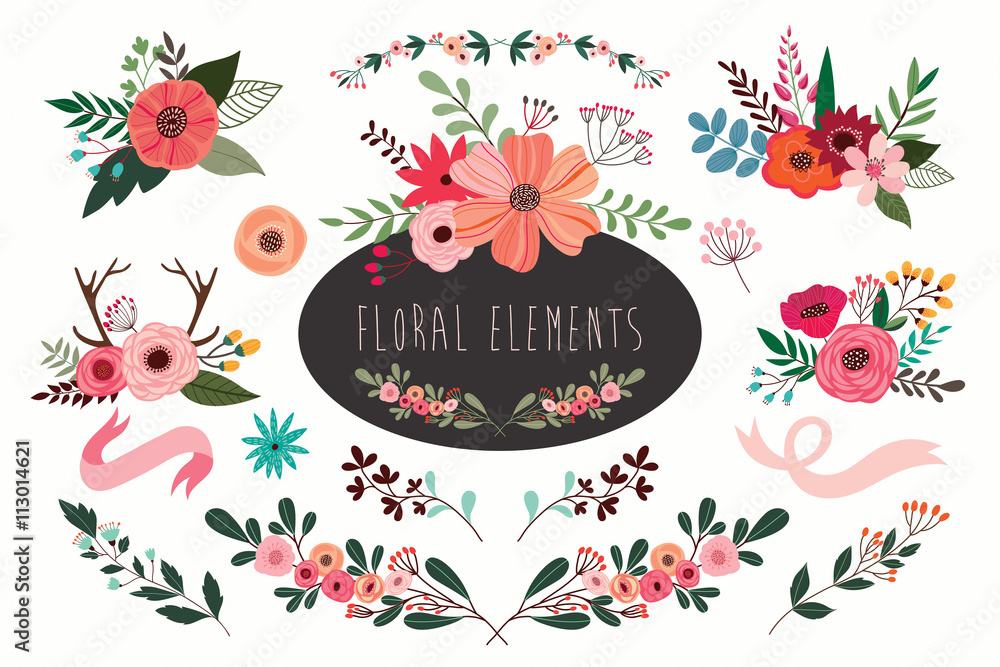 Hand drawn vector floral set with branches and flowers bouquets. - obrazy, fototapety, plakaty 
