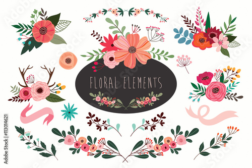 Hand drawn vector floral set with branches and flowers bouquets.