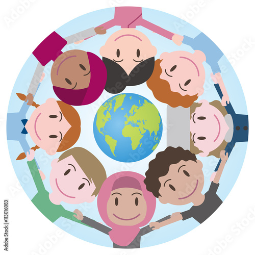 world people form a circle around world map, scrum down, vector illustration