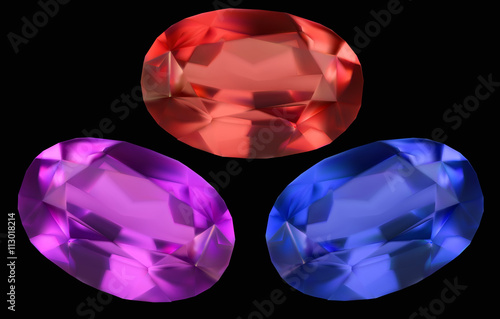 three bright gems isolated on black