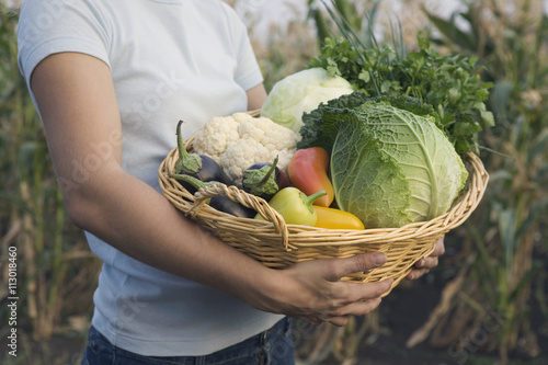 A teenage girl carrying a basket of vegetables photo