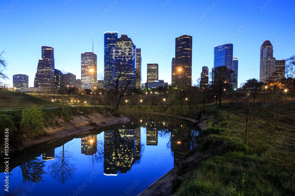 Houston Texas Skyline with modern skyscrapers and blue sky view from park, in the early morning