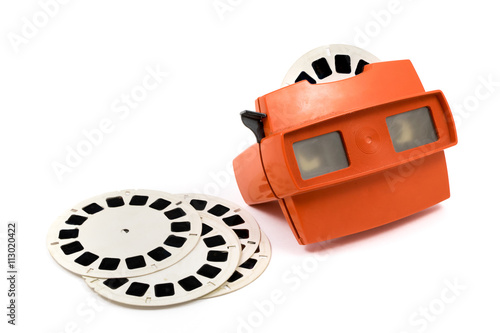 Red retro stereoscope isolated with reels on white background