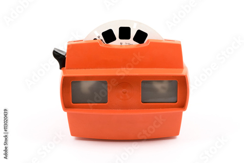 Red retro stereoscope isolated with reels on white background