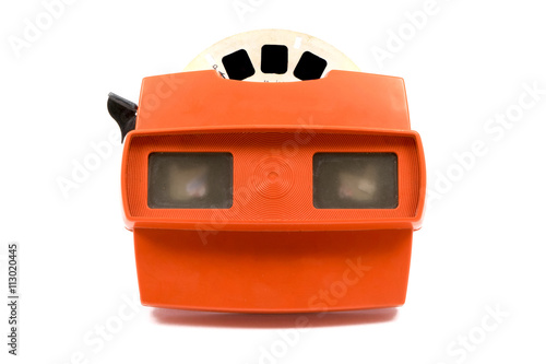 Red retro stereoscope isolated with reels on white background