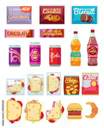 Vending machine products packaging. Fast food, snacks and drinks vector icons in flat style