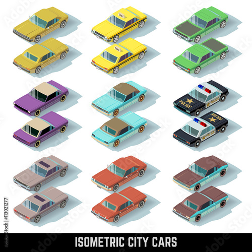 Isometric city cars vector icons in front and rear views. Isometric collection transport car. Police and taxi model car illustration