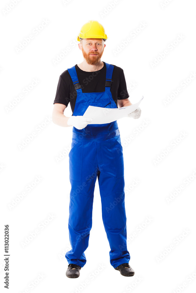 Man builder in the jumpsuit, isolated