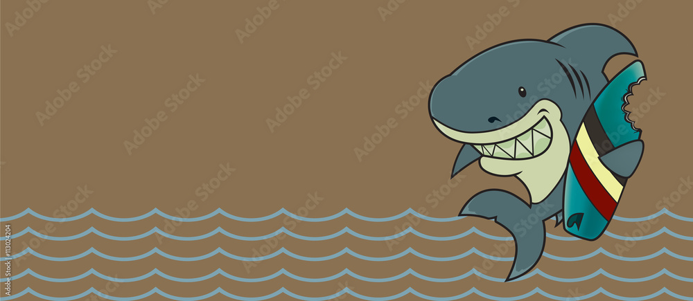 Obraz premium The great white surfer.Funny looking surfer shark cartoon character.Horizontal banner design