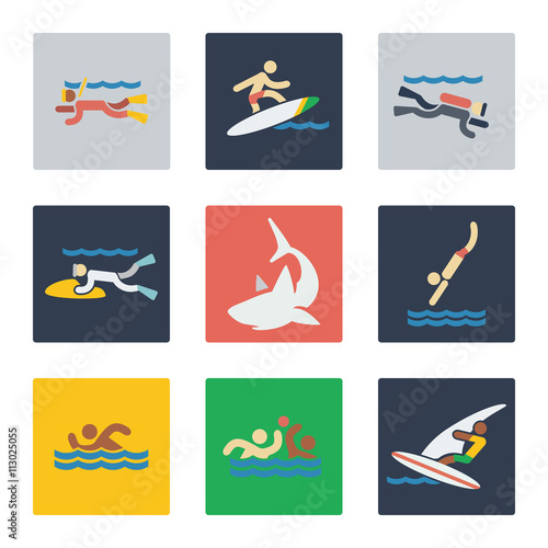 Sea sports flat icons with people and dangerous sea predator shark. Vector illustration