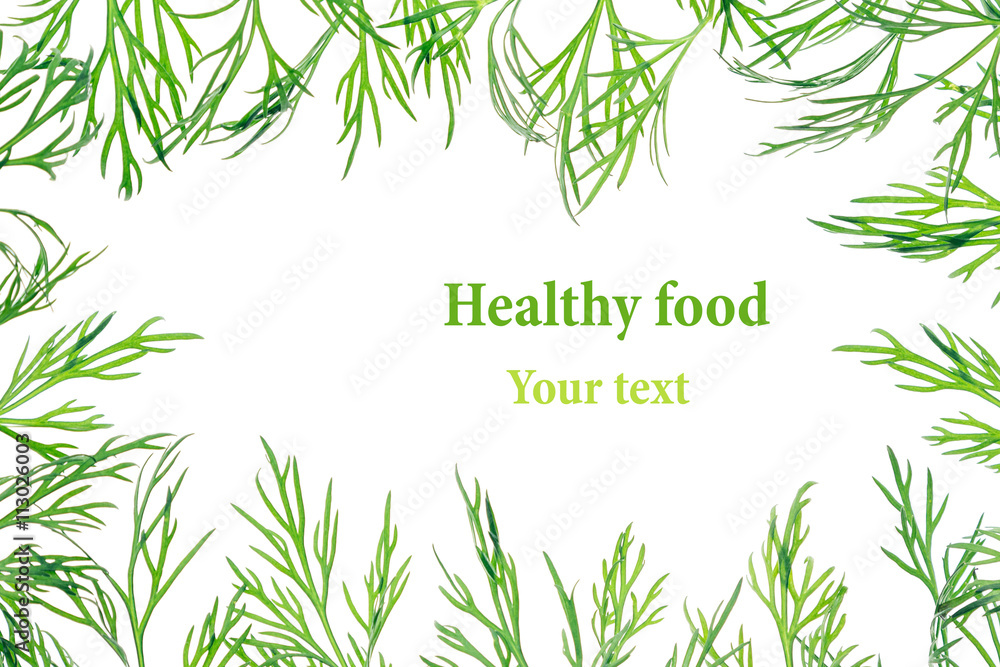 Obraz premium Sprigs of green dill on a white background. Frame with copy space for text. Isolated, studio, close-up