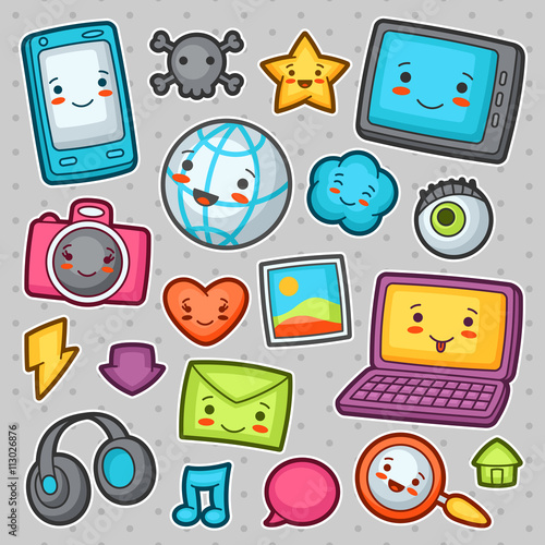 Kawaii gadgets social network items. Doodles with pretty facial expression. Illustration of phone, tablet, globe, camera, laptop, headphones and other