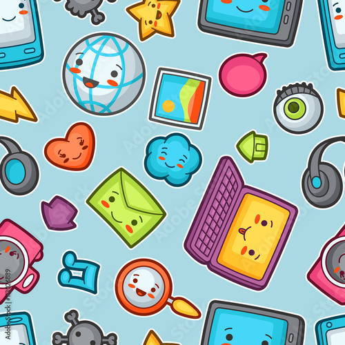 Kawaii gadgets social network seamless pattern. Doodles with pretty facial expression. Illustration of phone, tablet, globe, camera, laptop, headphones and other