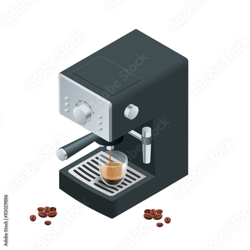 Coffee machine makes two coffee with coffee beans on background