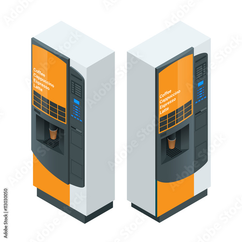 Coffee maker or automatic coffee dispenser flat 3d vector isometric illustration. Vending coffee is a machine vector illustration isolated on white background.